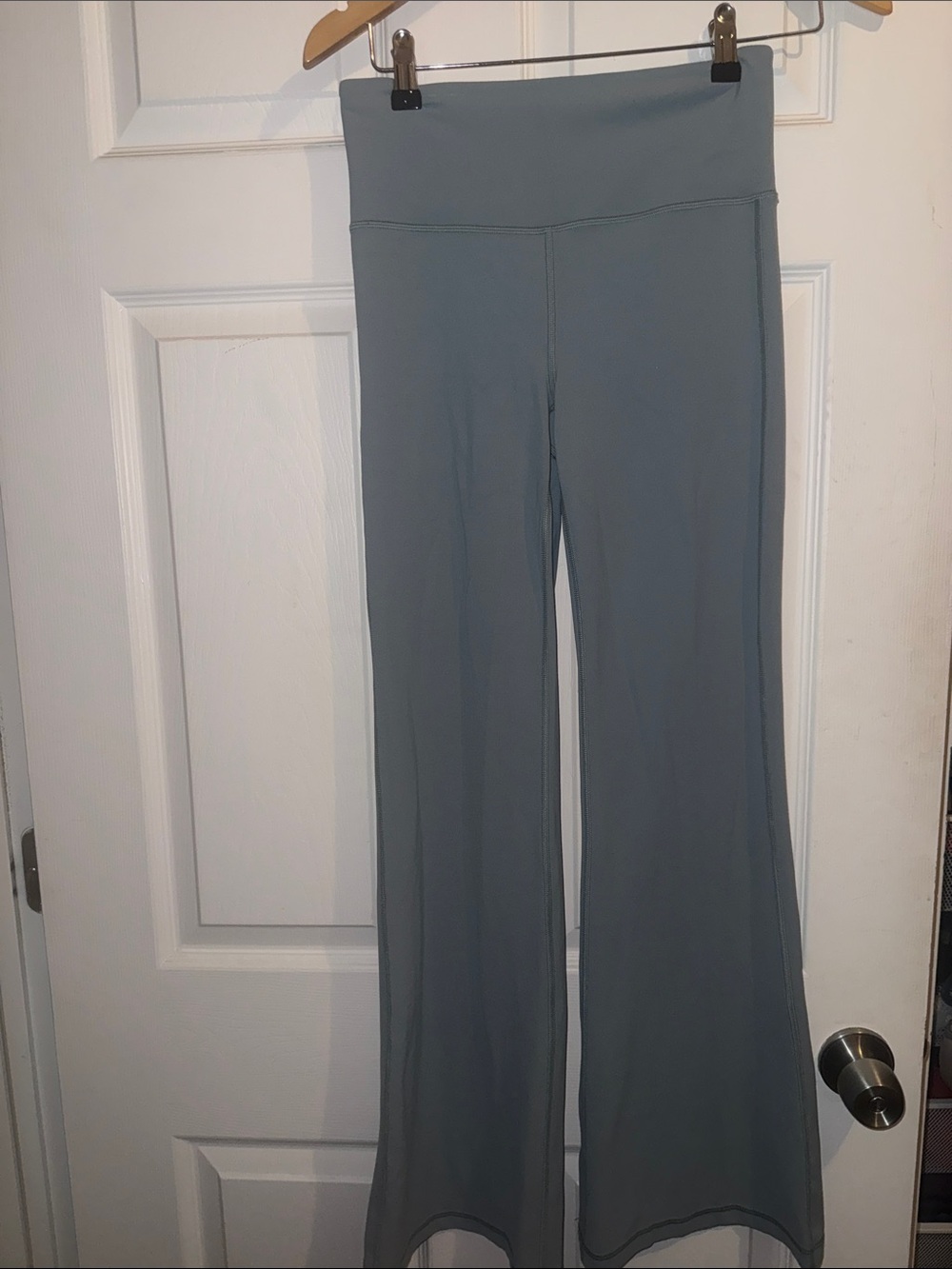 Athleta Wide-Leg Flared Pants in Dusty Blue-Gray